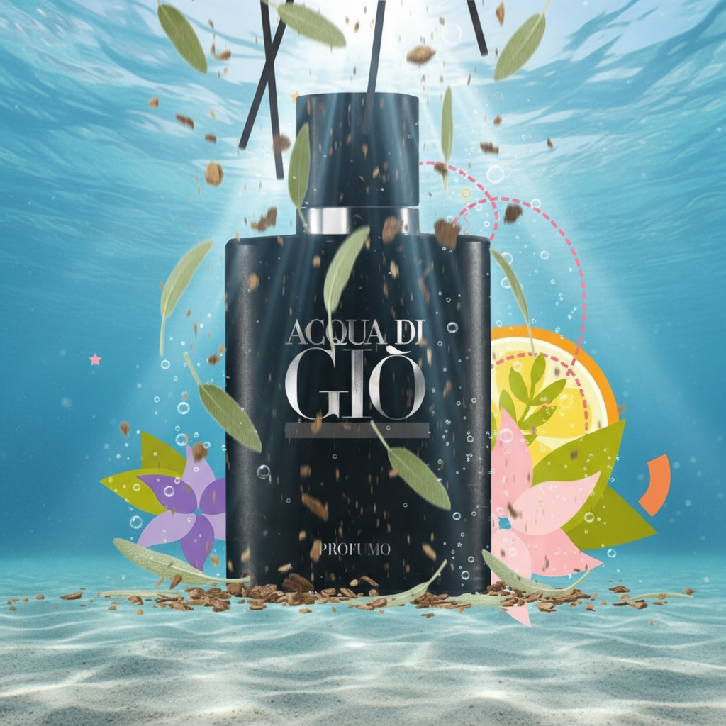 Black perfume bottle labeled 'Acqua di Giò' with decorative elements on a light background